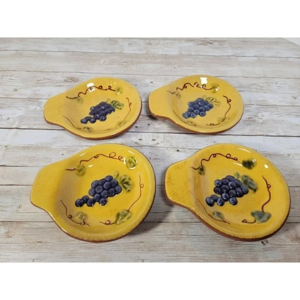 Set 4 Olive Pits Appetizer Side‎ Plate Olive Oil Bread Dipper Grapes Ceramic